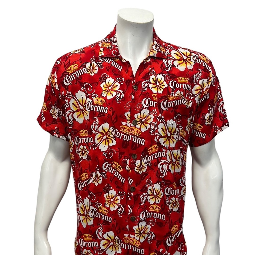 Corona Beer Red White Yellow Floral Hawaiian Tropical Island Rayon Shirt Medium